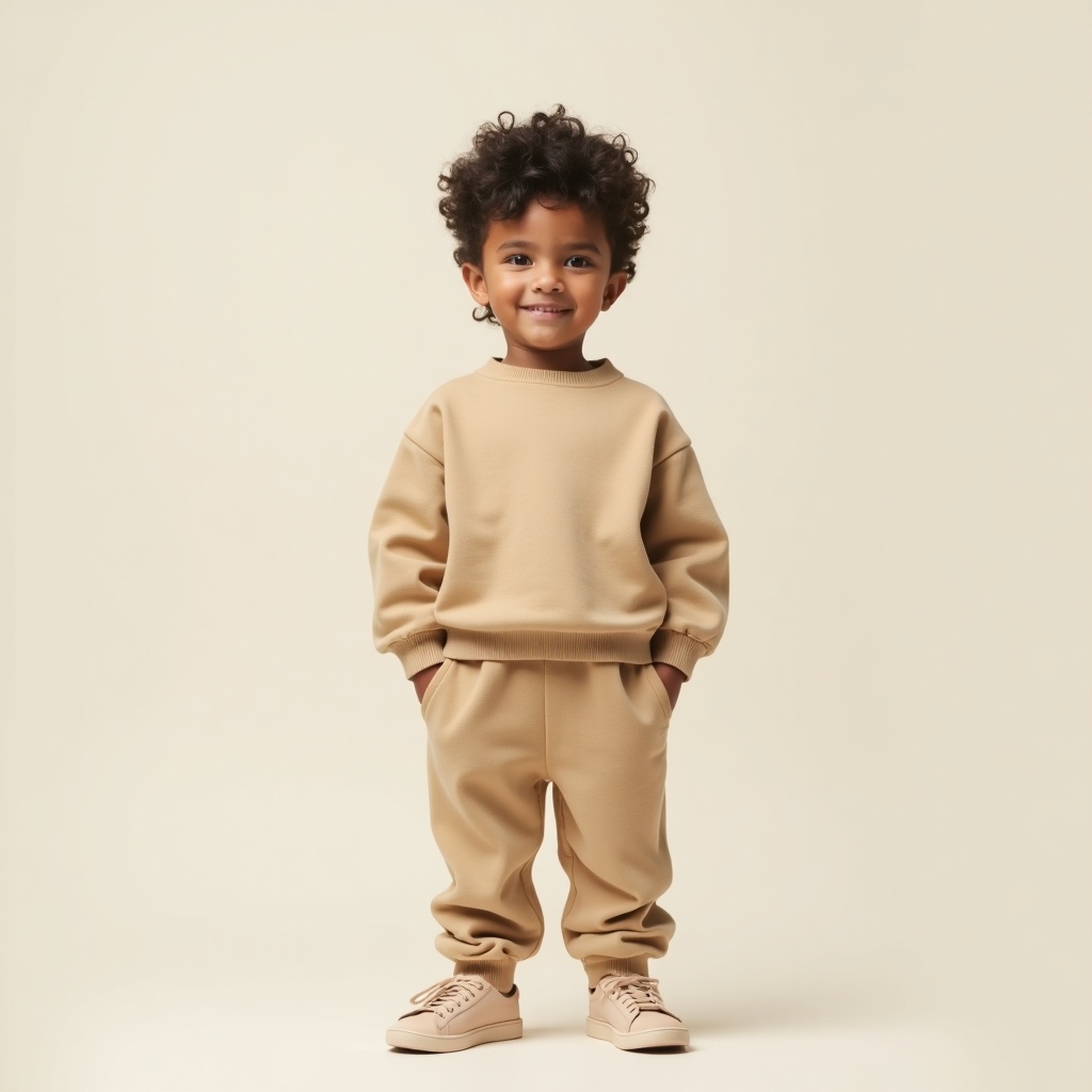 A young child stands confidently, showcasing a trendy outfit consisting of beige joggers and a matching top. The child has curly hair and a joyful expression, creating a sense of happiness and playfulness. The background is a muted beige, providing a soft contrast to the outfit. This scene captures the essence of comfortable and stylish children's fashion. The child's outfit is perfect for casual outings, playdates, or relaxing at home.