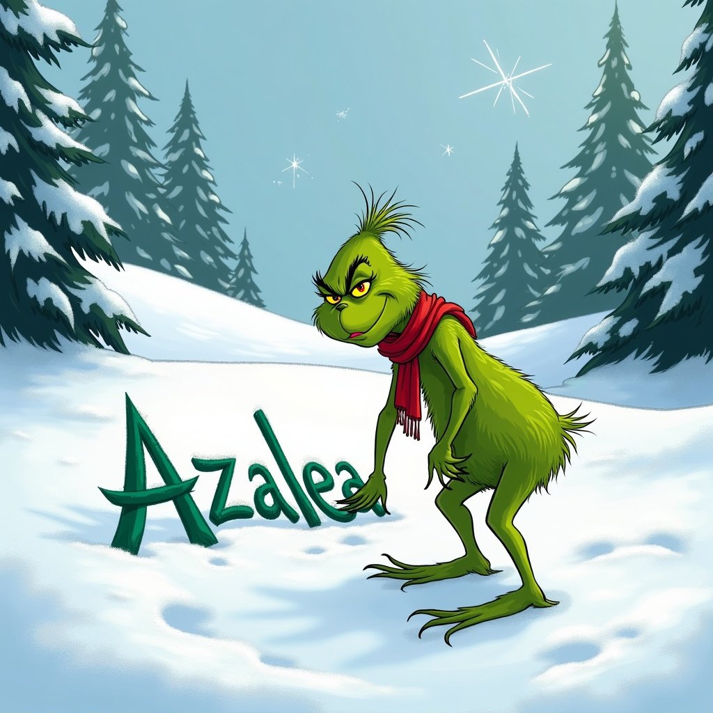 The Grinch is writing Azalea in the snow. The scene features snow-covered hills with evergreen trees in the background. The Grinch is depicted in green color wearing a red scarf.