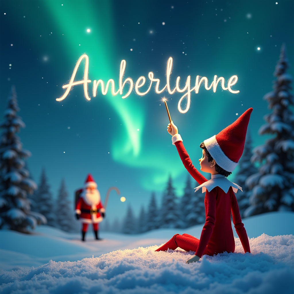 A Christmas scene includes an elf on the shelf. The elf sits and gazes upwards. It writes the name 'Amberlynne' in the night sky with a wand. The background has northern lights and a distant Santa Claus. Snow covers the ground in a winter wonderland. This captures holiday joy.