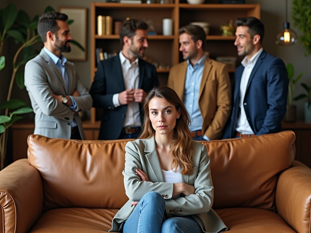 A woman sits on a brown leather sofa, looking confident yet isolated. Behind her, a group of well-dressed men engage in conversation, possibly discussing business. The setting is modern, with greenery and stylish decor. The lighting is warm and inviting, enhancing the professional atmosphere. This scene captures the dynamics of a corporate environment while highlighting the woman's perspective.