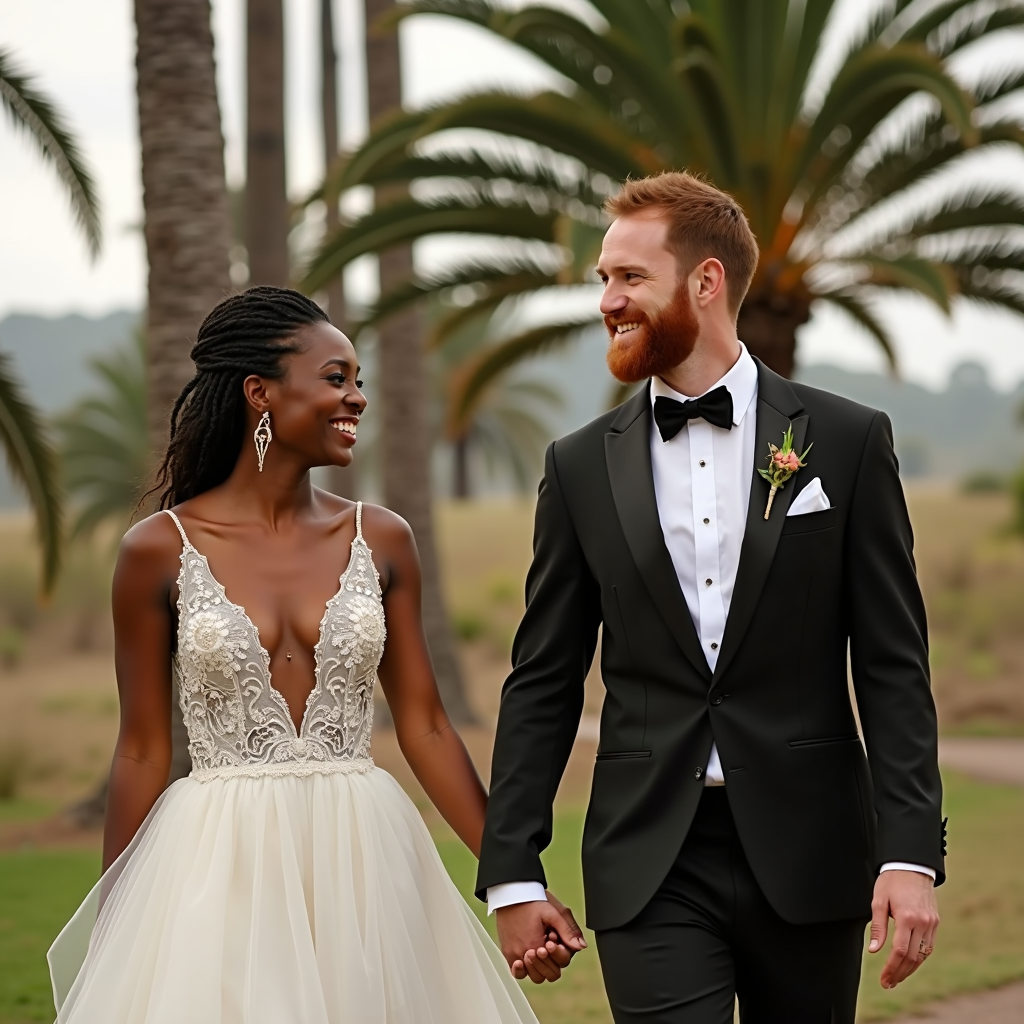 A joyful wedding couple walks hand in hand amidst a scenic backdrop of palm trees.