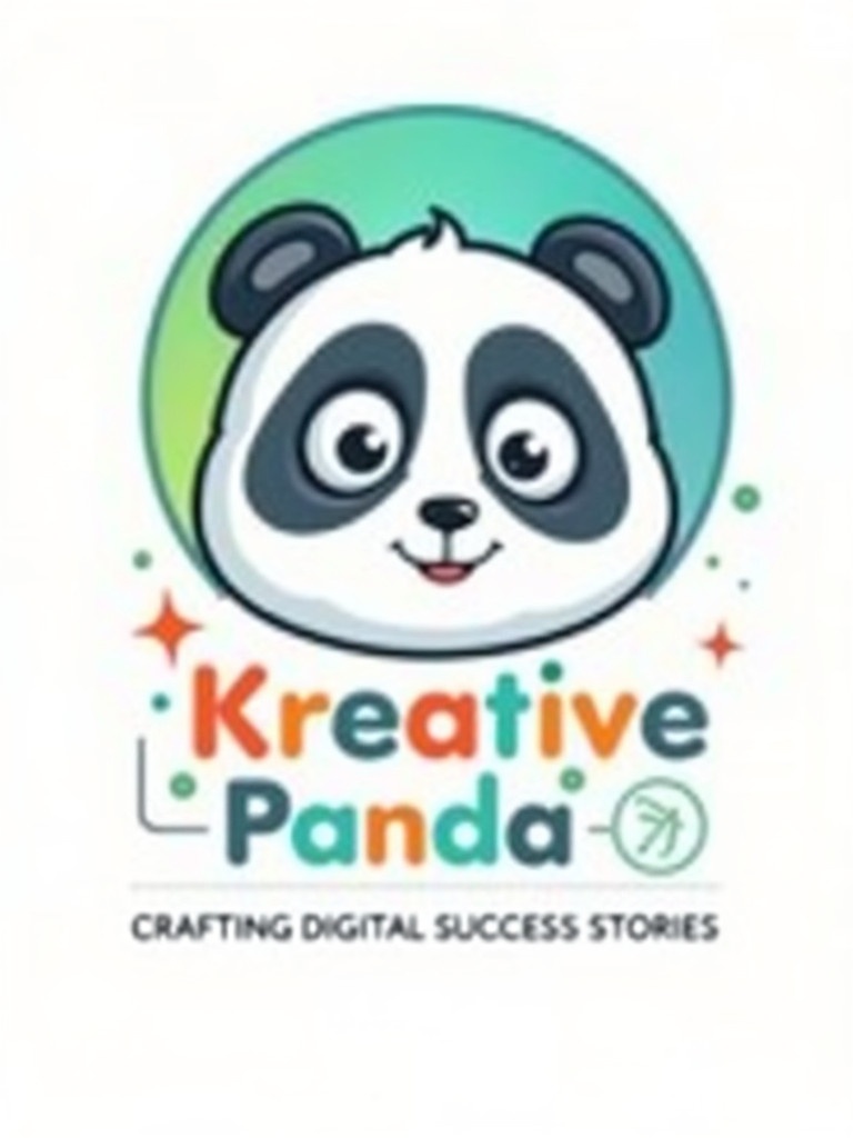 Logo design featuring a cartoon panda face. Panda has large expressive eyes with swirl design. Circular background with gradient from green to blue. Small stars and circles enhance design. Text reads 'Kreative Panda' with tagline 'Crafting Digital Success Stories'. Conveys creativity and friendliness.