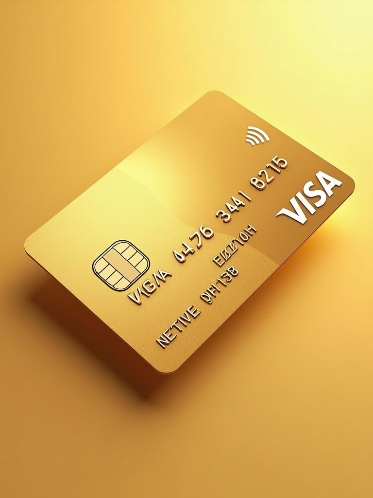 Image of a gold Visa credit card with no background. Card designed for premium quality transfer. Soft shiny textures create visual appeal. Ideal for marketing materials. Theme focused on luxury and financial prestige. Card displays a Visa icon and has three numbers on the back. Expiration date is 12/27 and card number is (1436)-(3415)-(6214).