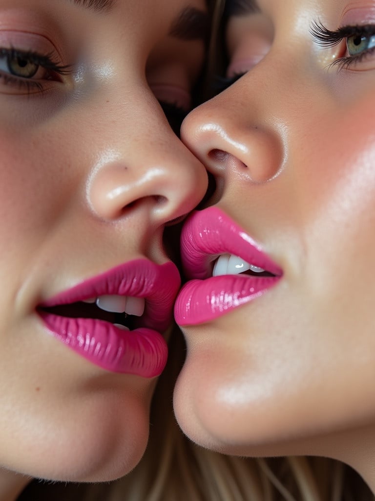 Closeup of beautiful girls with glossy pink lip makeup in an intimate pose. Focus on lips and facial features with a soft background.