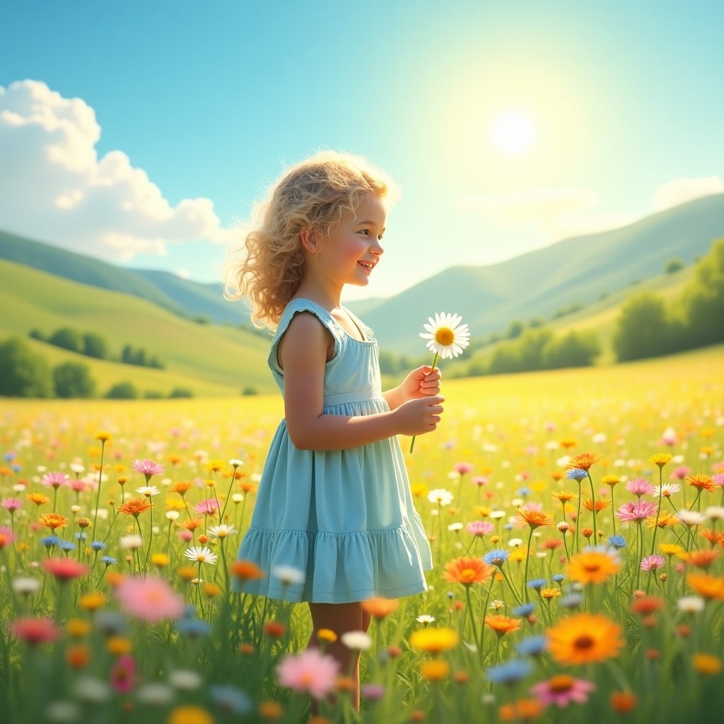 A little girl stands in a sunny flower field. She holds a daisy. Surrounded by colorful flowers and green hills. Sunlight creates a warm atmosphere.