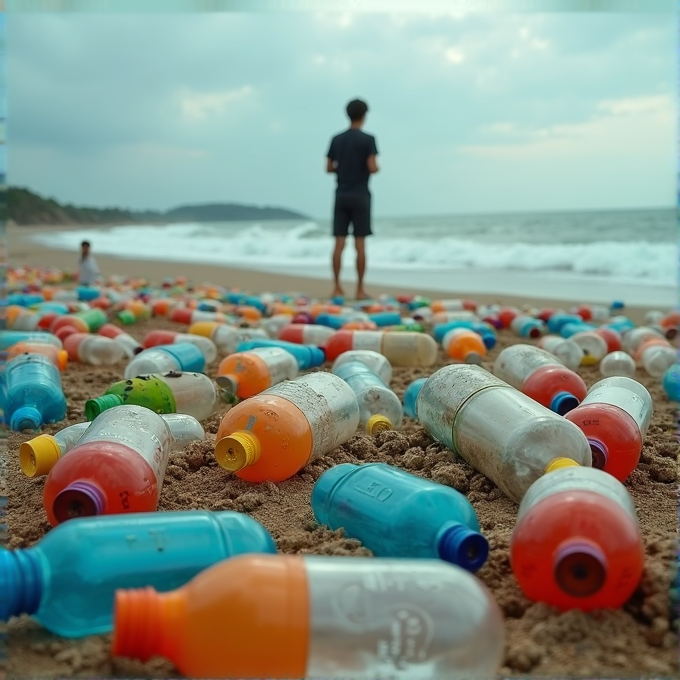 A beach covered with many colorful plastic bottles while a person stands near the ocean waves.