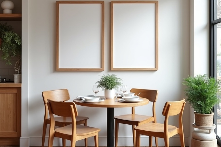 A cozy modern traditional coffee shop interior with empty art frames on the wall. A round wooden table set for two with white plates and glasses. Small plant on the table surrounded by four minimalist wooden chairs. The wooden floor adds elegance. A hint of more cafe ambiance and plants seen in the background.