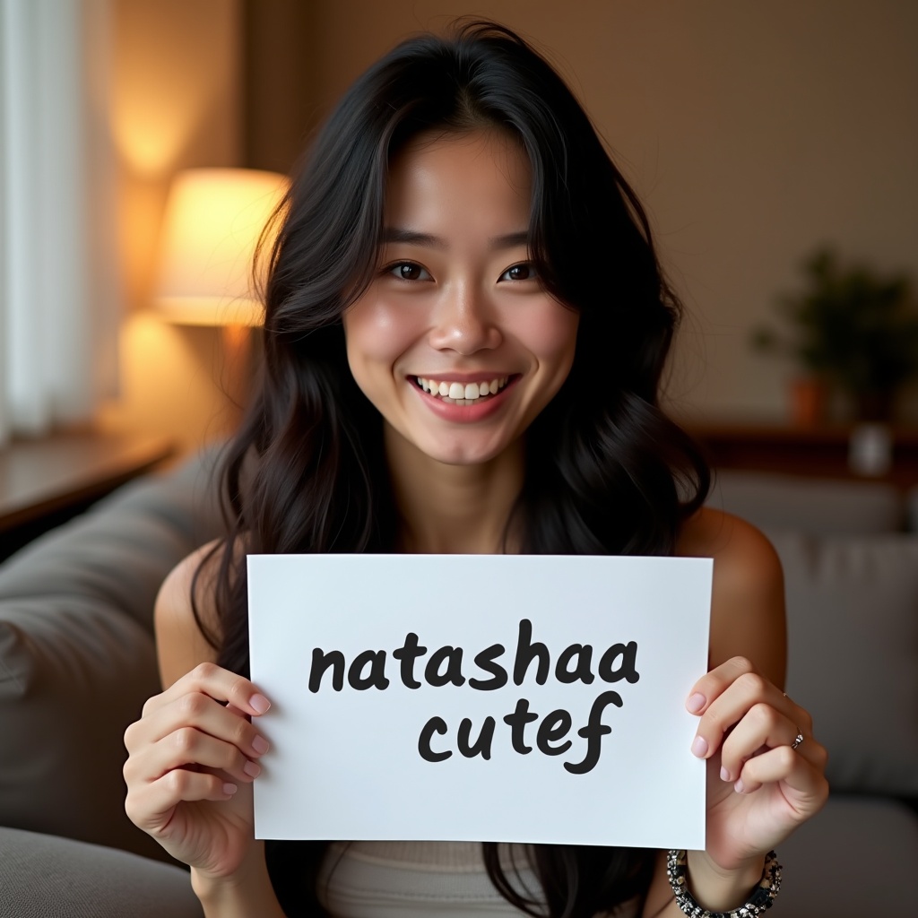 Young black haired woman in cozy living room holding white paper sign with natashaa_cutef written in bold letters. She is smiling joyfully in a stylish decorated space with soft lighting.