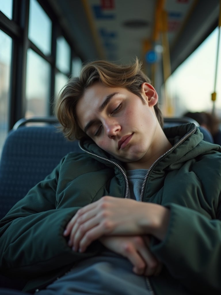 A person is asleep on a bus. A young man wearing a green jacket is resting his arms on his lap in a public transport setting. The bus has seats and windows with natural lighting coming in.