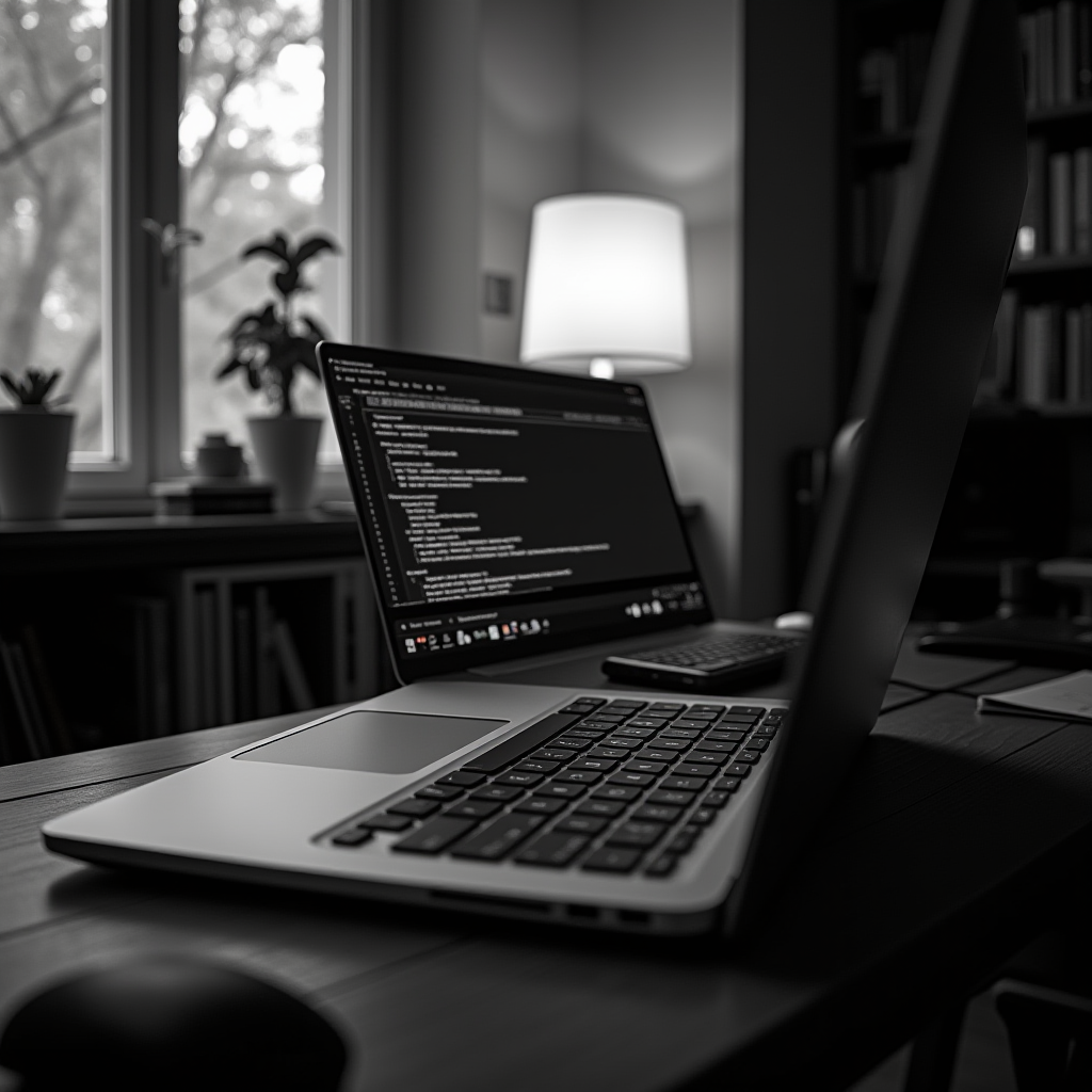 A black and white image of an open laptop on a desk with code on its screen, set in a cozy room with a window, plant, and lamp in the background.