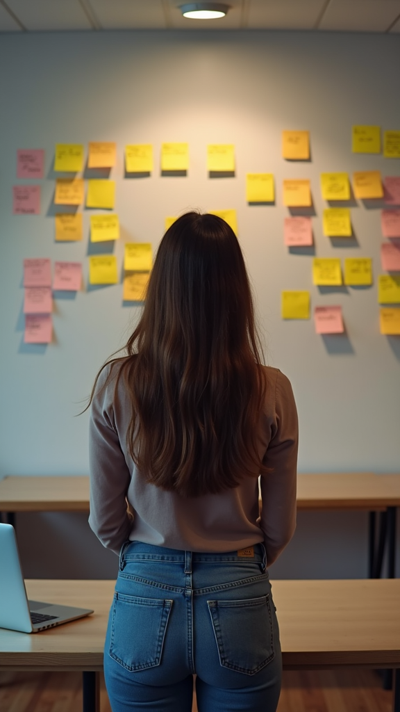 A woman stands thoughtfully in front of a wall covered with colorful sticky notes.