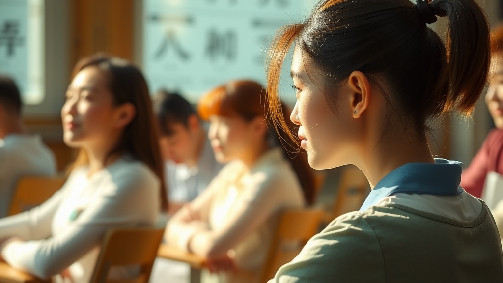 A group of students attentively listens to a lecture in a sunlit classroom.