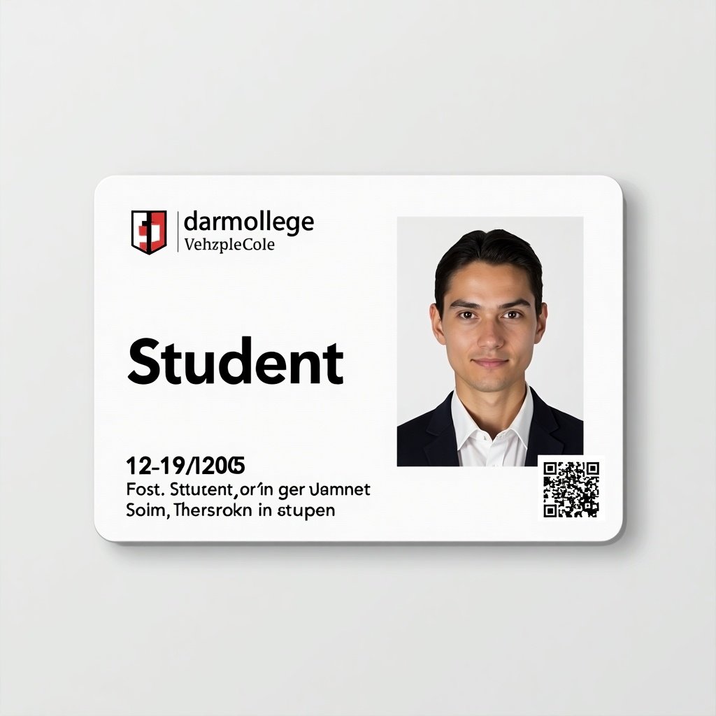 This image shows a student ID card from a German college with clear formatting and essential information. The card includes the word 'Student', a birth date, and a QR code for verification. It has a professional layout suitable for academic purposes.