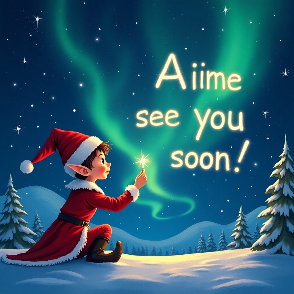 A cheerful elf in a red Christmas outfit is seated on the snowy ground. The elf holds a sparkling star, writing in the night sky. Glowing letters form the text 'Aime see you soon!' against a stunning backdrop of Northern Lights. Snow-covered trees frame the scene, enhancing the holiday atmosphere. The elf has a joyful expression, embodying the spirit of Christmas. The colors are vibrant and inviting, making the scene feel magical and heartwarming. This illustration captures the essence of festive cheer and wonder for children and families alike.