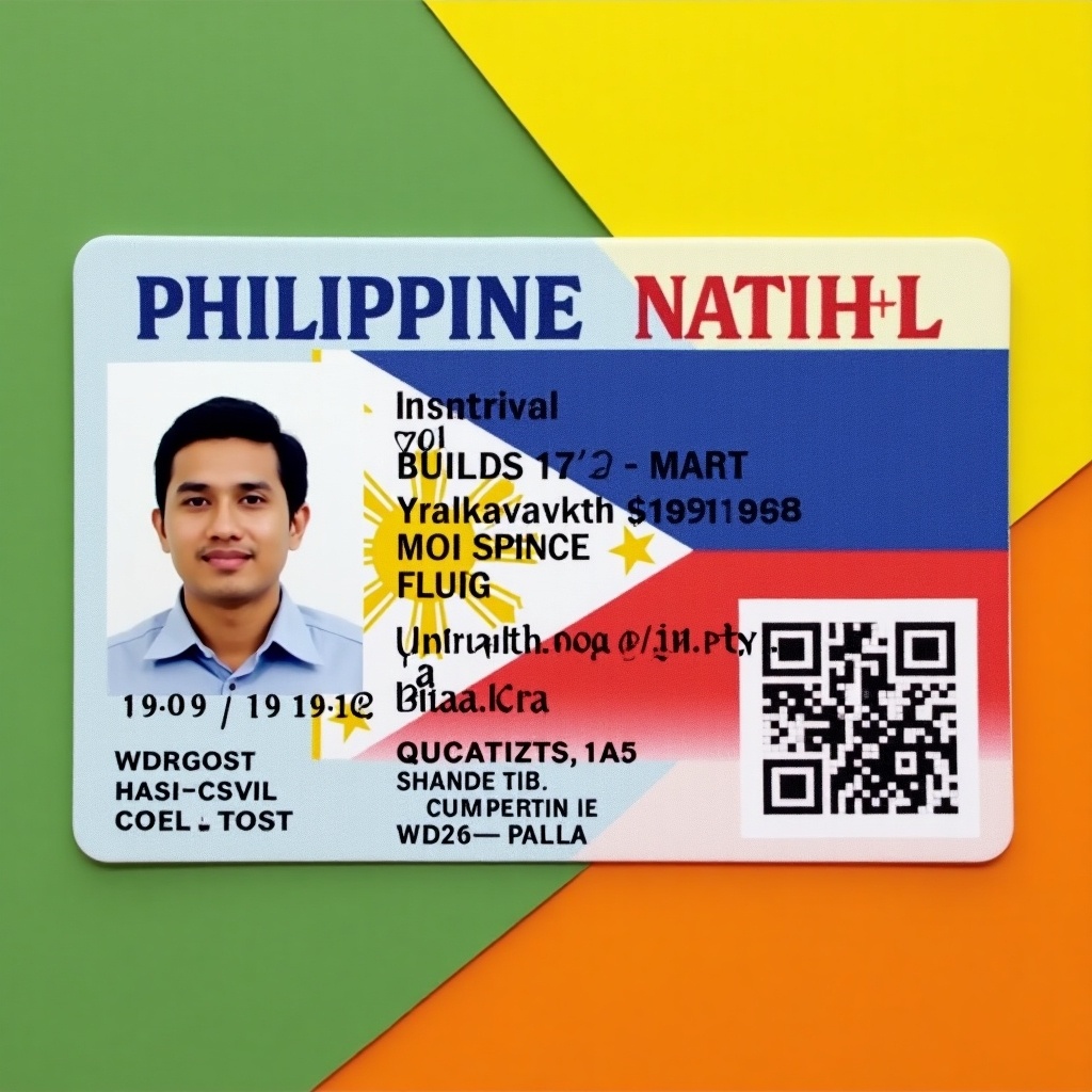 The image shows a Philippine National ID with bright colors reflecting the country’s flag. A person’s portrait is the central focus. The ID has identifying details, including a unique number and a QR code for verification. The design is professional and clear. Colors symbolize national pride. The appearance is modern and formal. This ID is crucial for identification in various contexts.