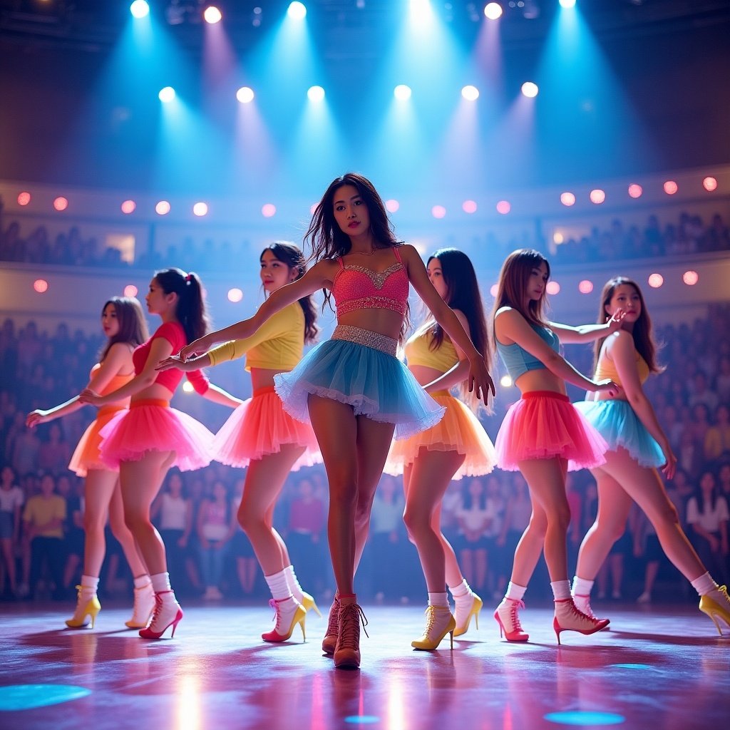 This image captures a dynamic performance by a six-member K-pop girl group. The performers are dressed in colorful, vibrant outfits that enhance their energetic dance routine. Bright stage lights illuminate the scene, creating a lively atmosphere. The audience in the background adds to the excitement, showcasing the popularity of K-pop culture. Each member exhibits skill and charisma, engaging with fans through their performance. This image represents the essence of entertainment in the modern music industry.