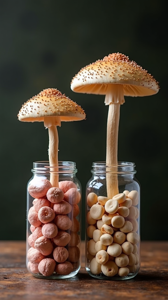 Two glass jars hold unique mushrooms, one with pink spheres and the other with beige caps on wooden table.