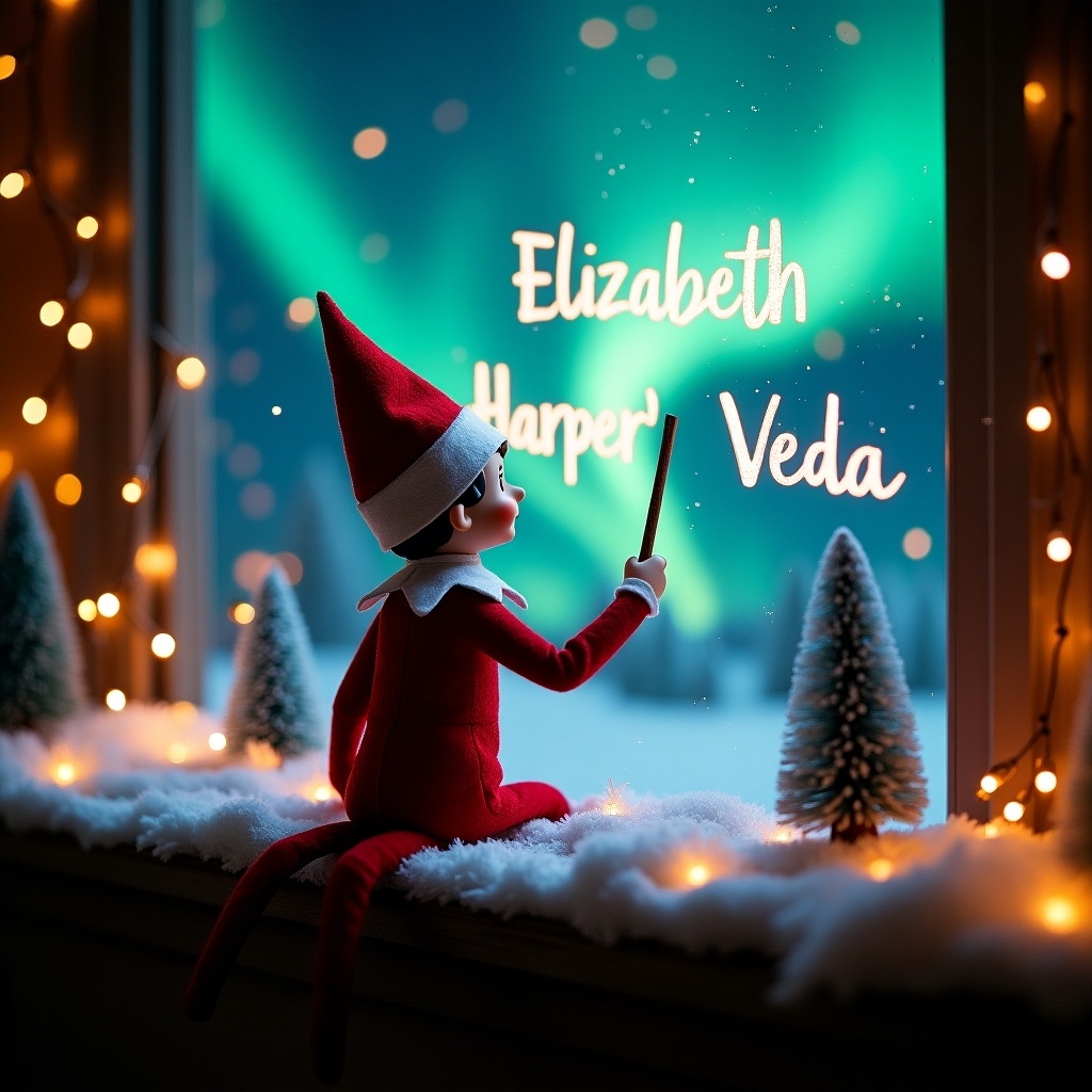 An enchanting Christmas scene featuring an Elf on the Shelf. The elf is dressed in red and white, holding a magic wand. It writes the names 'Elizabeth', 'Harper', and 'Veda' in glowing script above. The backdrop showcases vibrant northern lights, enhancing the magical ambiance. The setting is adorned with twinkling lights and snowy decorations, creating a festive atmosphere. This scene captures the joy and spirit of the holiday season with a whimsical touch.