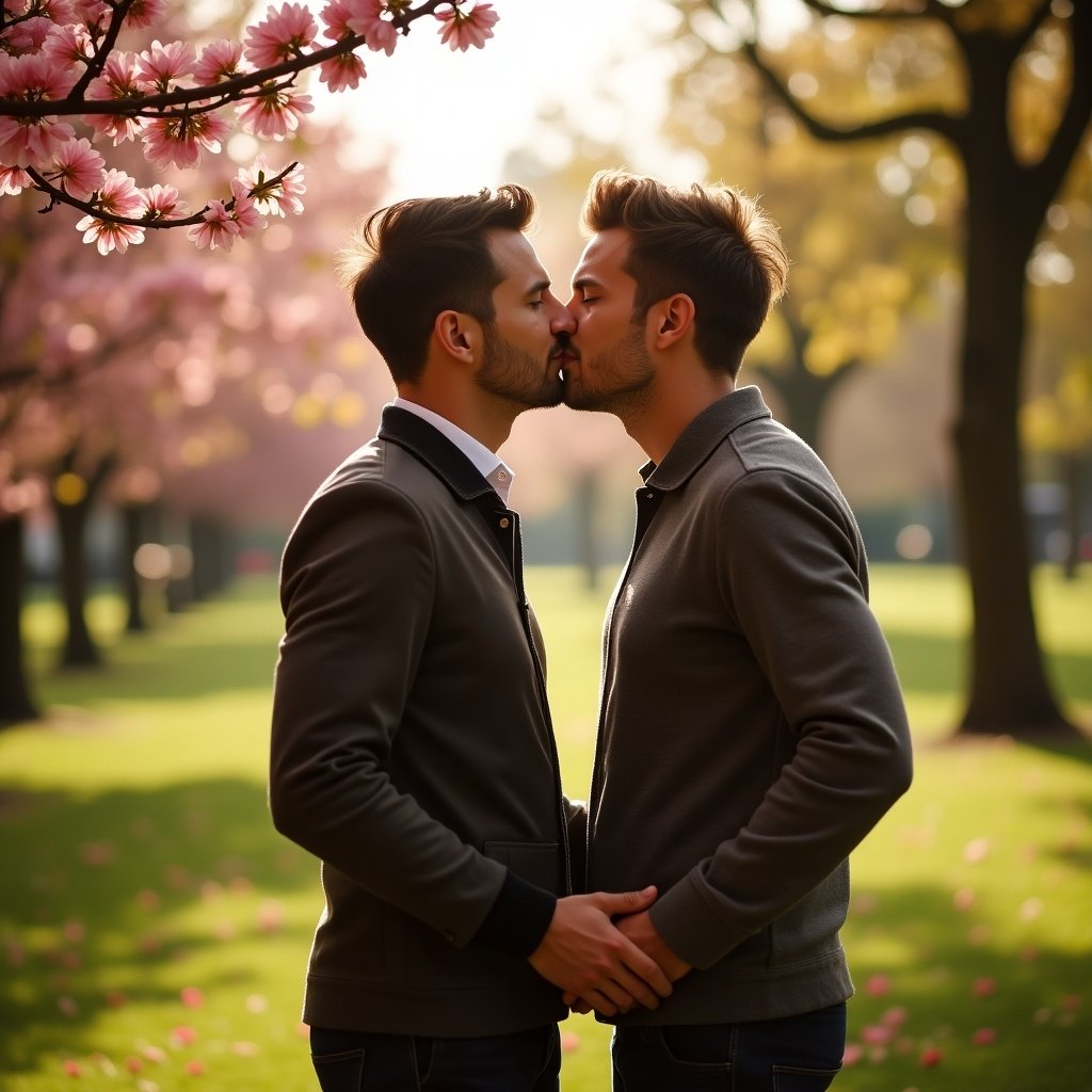 The image features two men kissing each other in a beautiful park setting. They stand close, surrounded by blooming cherry blossom trees. The warm sunlight enhances the romantic atmosphere. This intimate moment captures the essence of love and connection. The background includes soft green grass, creating a serene environment for the kiss.