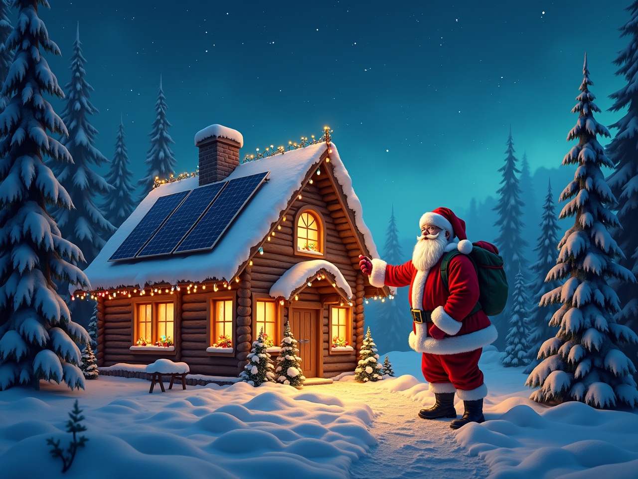 Santa Claus in front of a house with Christmas lights powered by solar panels in a snowy landscape. The scene features snow-covered trees and a starry night. Santa is hanging Christmas lights.