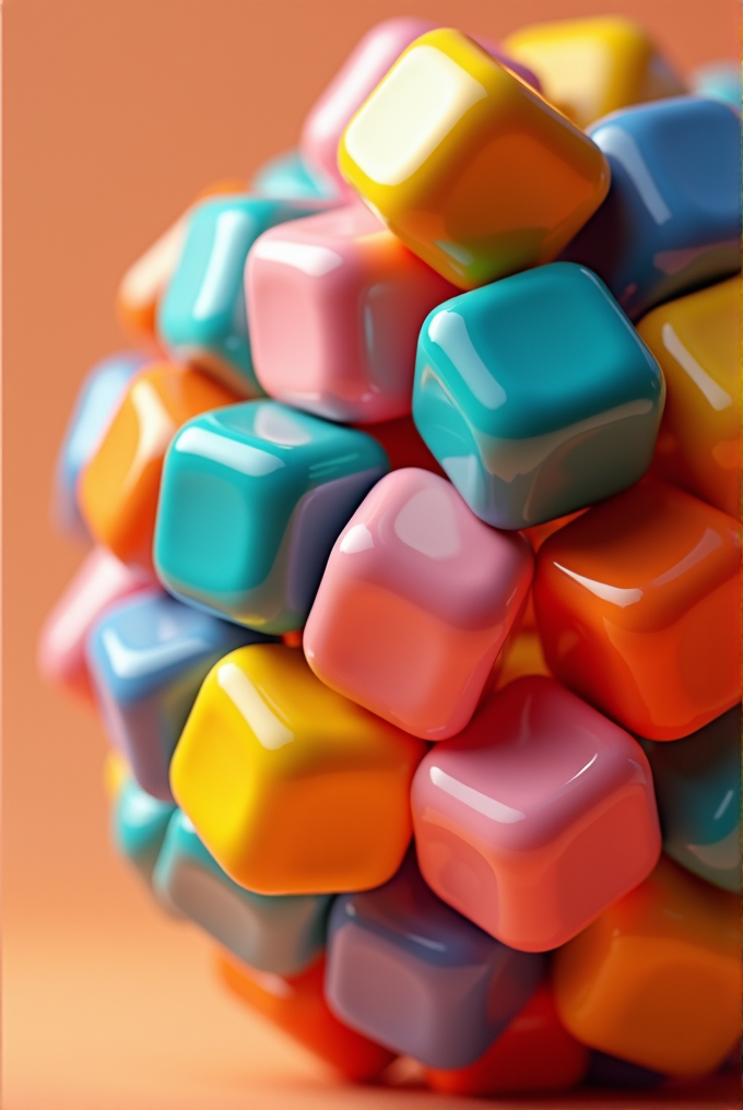 A close-up of glossy, multicolored cubes clustered together against a soft orange background.