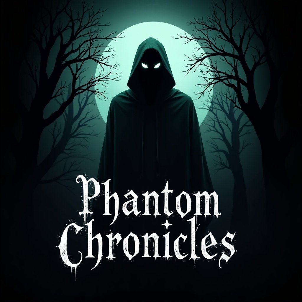 Design logo for horror stories channel titled 'Phantom Chronicles.' Include ghostly phantom silhouette with glowing eyes. Surround with misty dark forest or haunted house. Use gothic horror fonts for title. Incorporate black, dark purple, navy blue, glowing green, blood red colors. Add details like ancient symbols, twisted branches, and spider webs for spooky vibe.