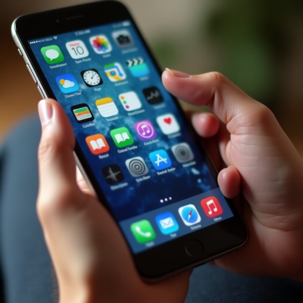 A hand holds a smartphone with app icons on the screen. Close-up view captures the interaction with the phone.