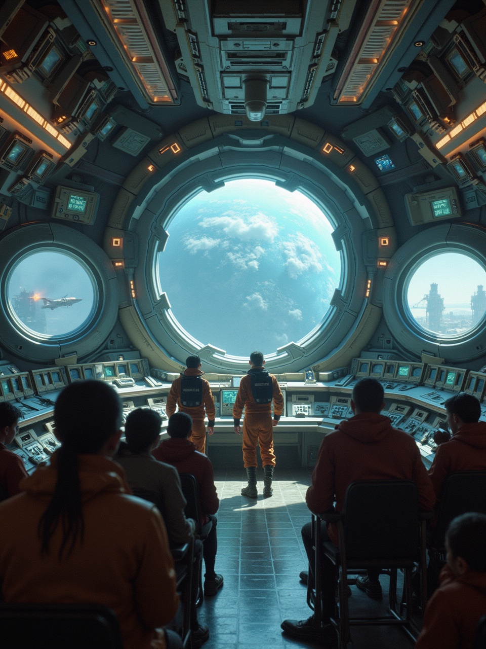 Inside a futuristic spacecraft, a diverse group of figures gazes through hexagonal portholes. Outside, dramatic scenes of earth disasters unfold, illustrating wars and pollution. The control panel around them is filled with complex screens and technological gadgets, showcasing advanced engineering. The atmosphere is tense, evoking a sense of anxiety about current events on our planet. The image emphasizes the contrast between the serenity of space and the chaos on Earth, highlighting our planet's troubles from a cosmic viewpoint.