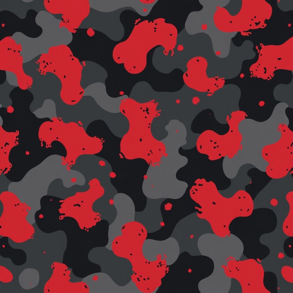 Seamless multicam pattern with deep black base. Organic irregular splotches in crimson and cerakote sniper gray. 45-degree angle orientation, tileable edges, varied sizes, sharp transitions. Max resolution 4K.