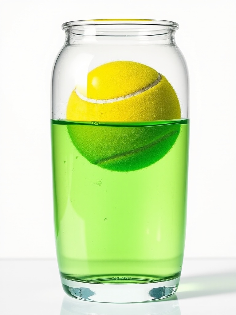 This image depicts a yellow tennis ball partially submerged in a glass filled with a vibrant green liquid. The liquid's color creates an intriguing contrast with the yellow ball, while the glass reflects light, enhancing the visual appeal. The simplicity and clarity make the composition striking and minimalist.