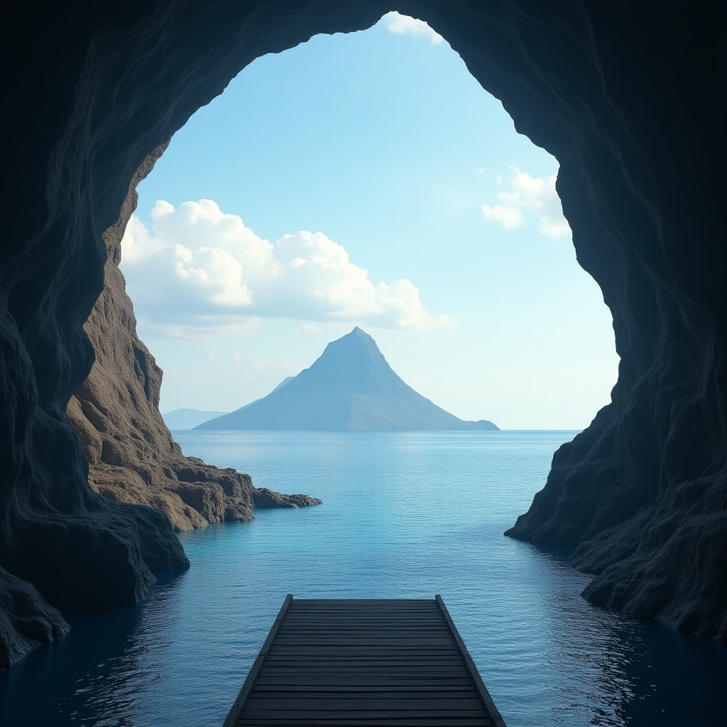 The image depicts a stunning matte painting showcasing a cliffside overlooking an endless sea. The scene is viewed through a cave, which creates an intriguing focal point. In front of the cliff, there is an empty dock extending into the calm waters. The sky and sea blend seamlessly at the horizon, where a majestic pyramid-like mountain stands tall. The overall atmosphere is serene and captivating, inviting viewers into a tranquil natural setting.