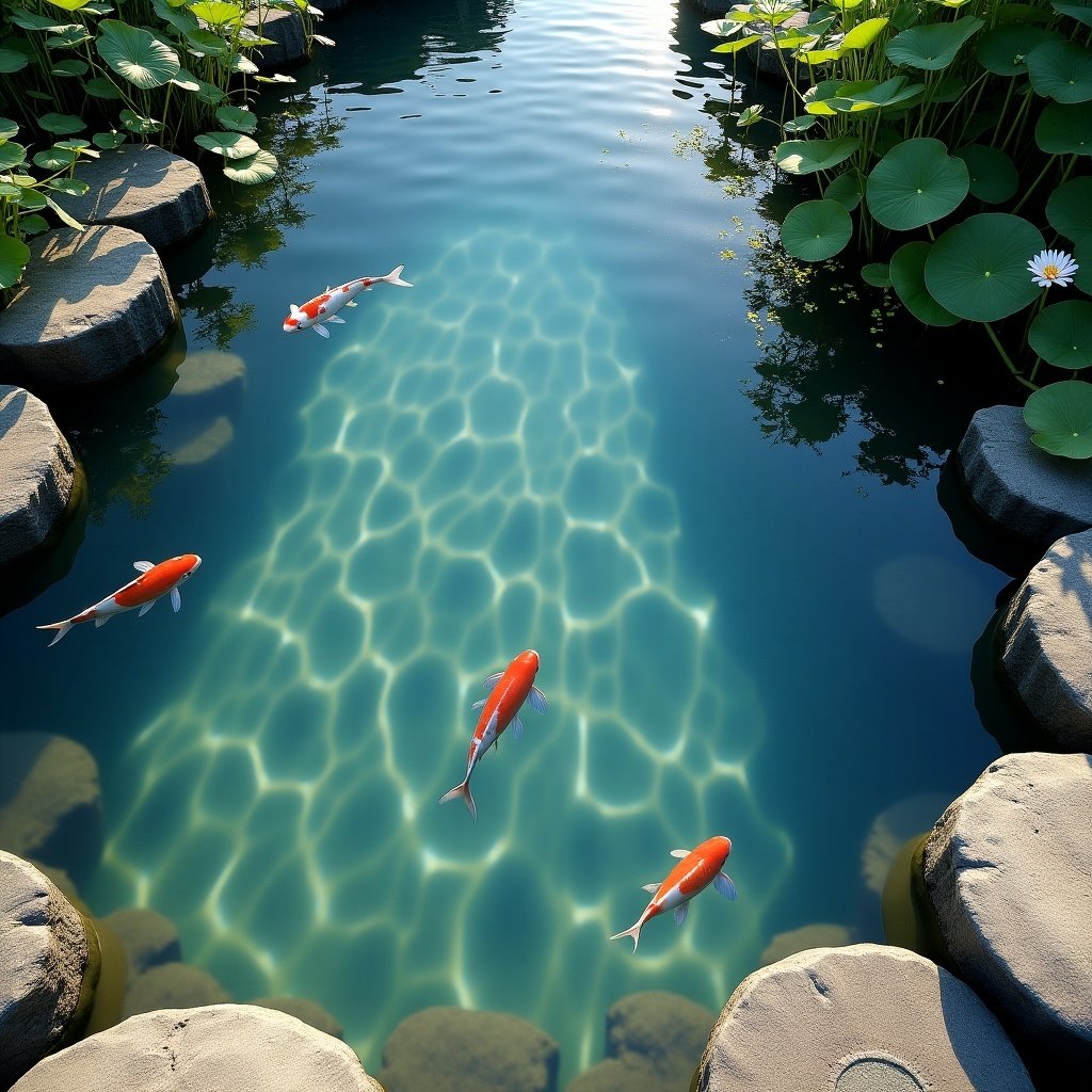 Top-down view of a koi pond. Clear water shows reflection. Surrounding stones and aquatic plants.