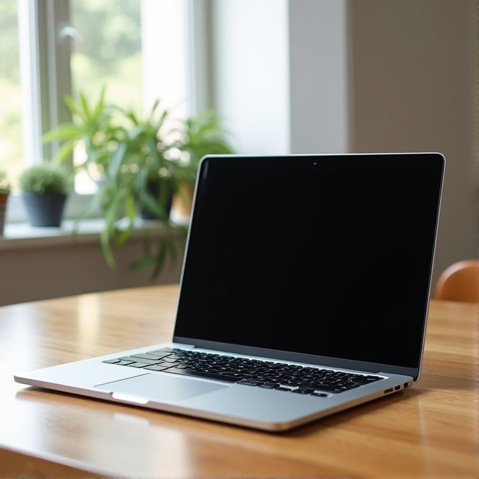 A sleek silver laptop with a black screen sits on a wooden desk near a window with green plants in the background.