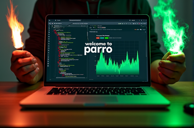 A person holding fiery lights behind a laptop displaying code and graph data with the text 'welcome to parro'."}实时赏析 - 这种图像显示了一台笔记本电脑的指令代码页面。