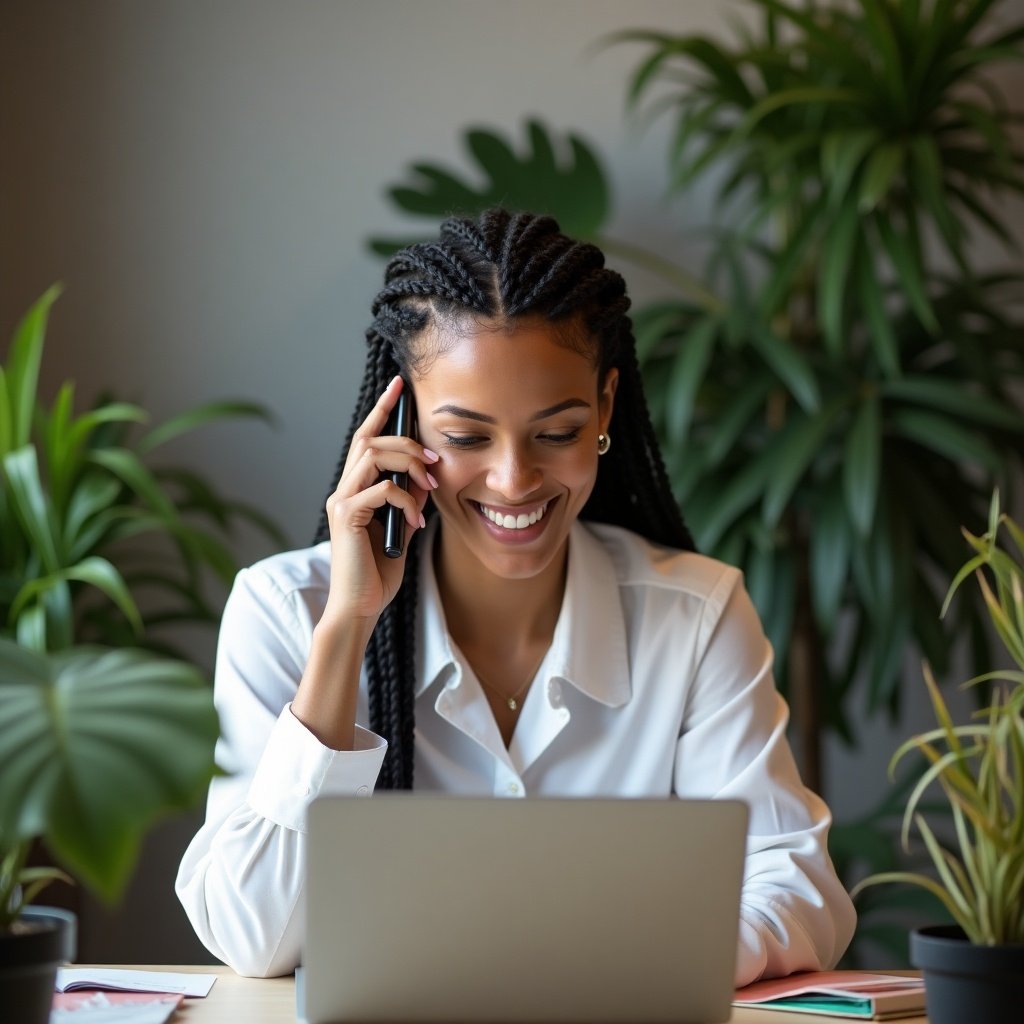 A woman is sitting at a desk with a laptop, actively talking on her cellphone. She has smooth, braided hair and is wearing a white blouse. The workspace is decorated with green plants, which create a calming environment. There is also a visible calculator on the table. The lighting is bright and inviting, making the setting feel productive. This image portrays a sense of confidence and professionalism in a minimalist office layout.