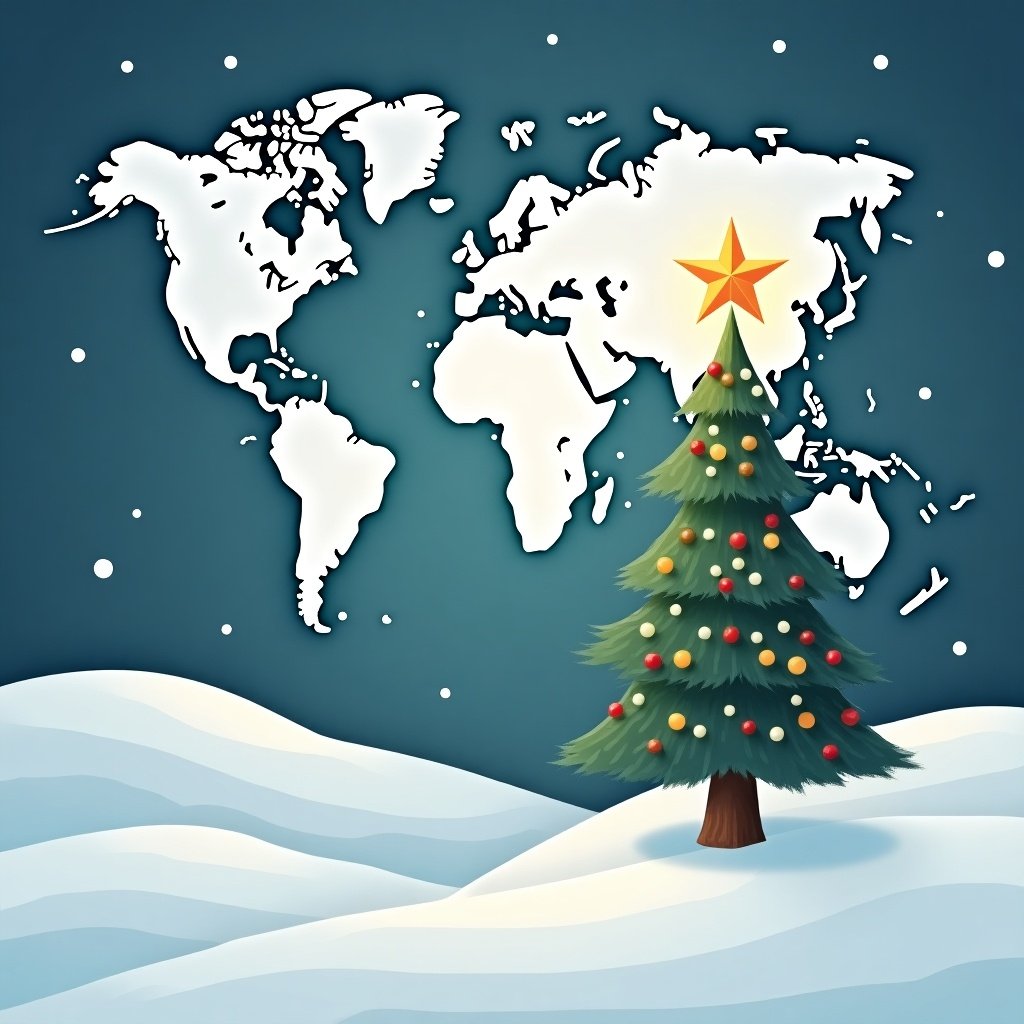 Design a corporate greeting card for the holiday season. Include snowy landscape, a world map, and a Christmas tree adorned with ornaments and a star. Symbolize connection and joy.