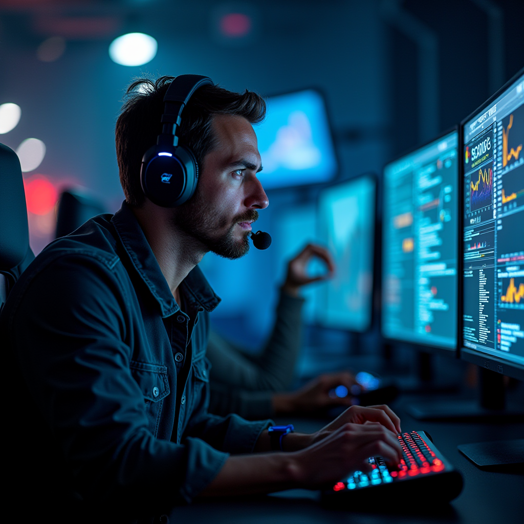 A person intensely focused on playing a computer game with multiple screens and colorful lighting.