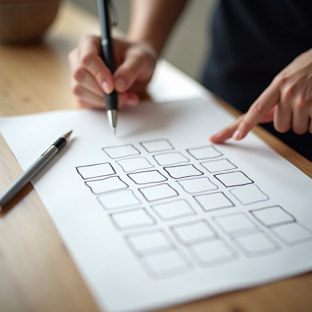 A person sketching an organized grid of rectangles on paper, possibly depicting a plan or chart layout.