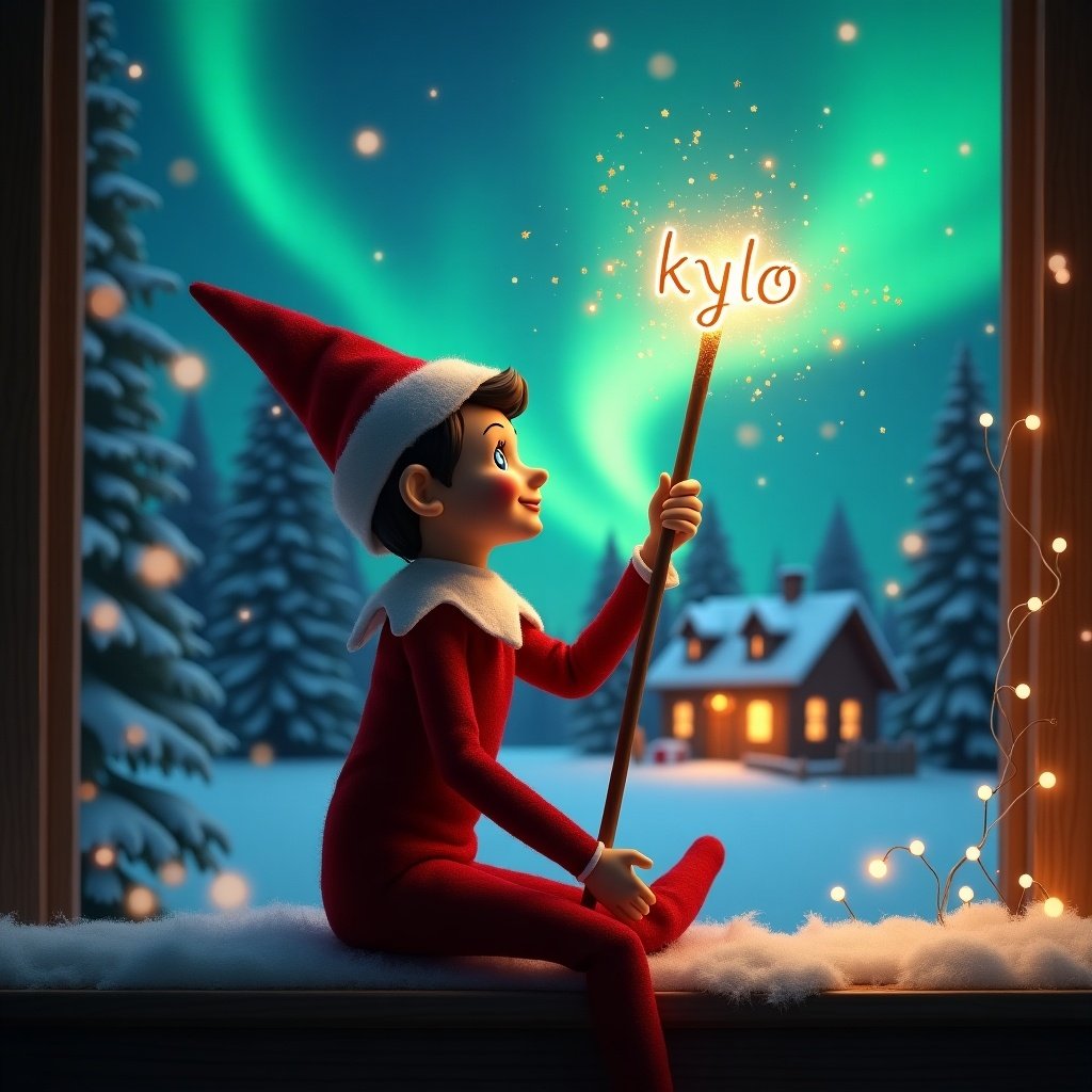 Elf on the shelf sits with back to viewer. Elf gazes skyward while holding glowing wand. Charming Christmas scene shown with colorful northern lights. Cozy house seen in distance. Snow on ground. Elf embodies magic and wonder of Christmas. Name ‘kylo’ appears in air from wand.