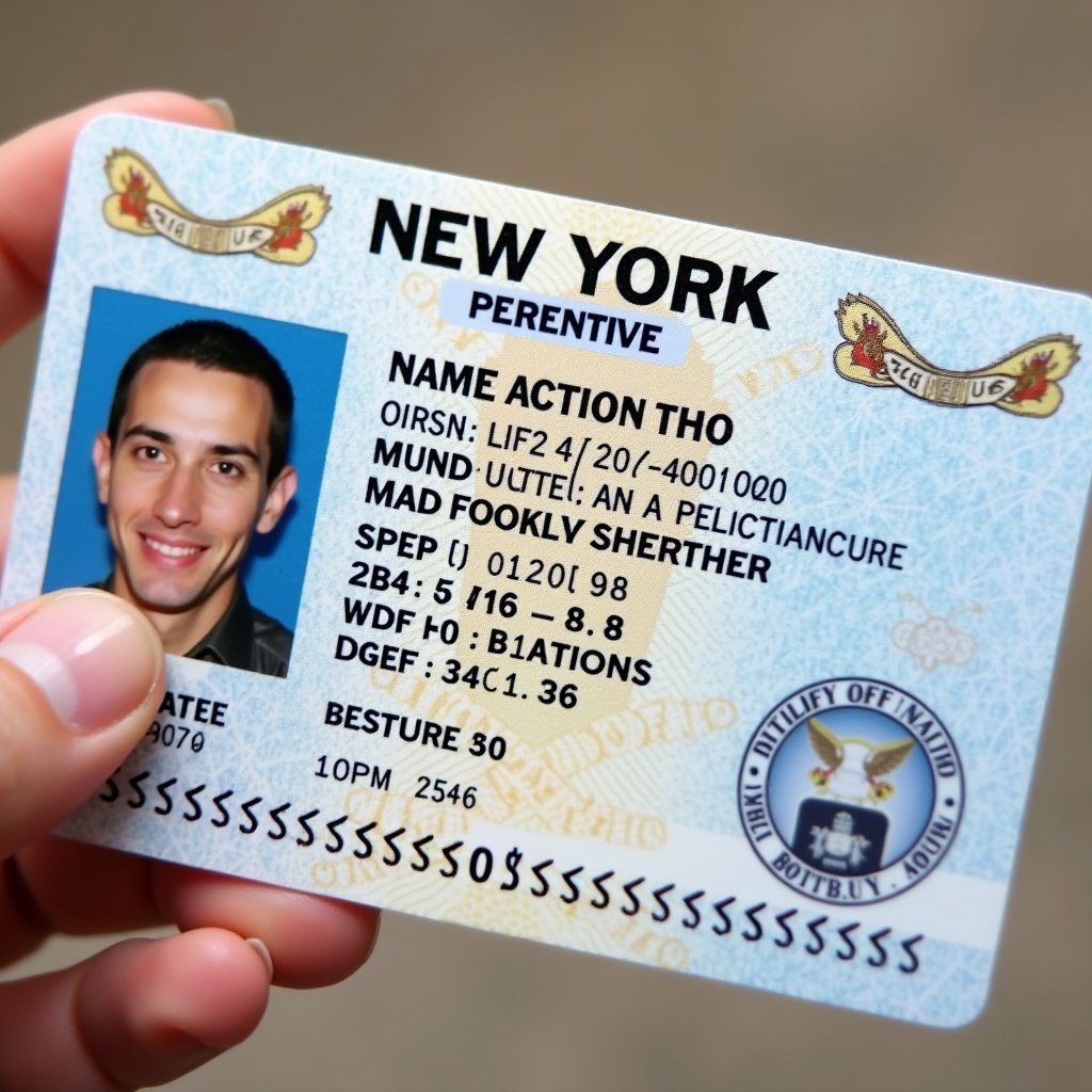 The image features the front side of a New York driver license with personal information. It includes a name, birth date, and shows official card design elements. An identification photo is included.