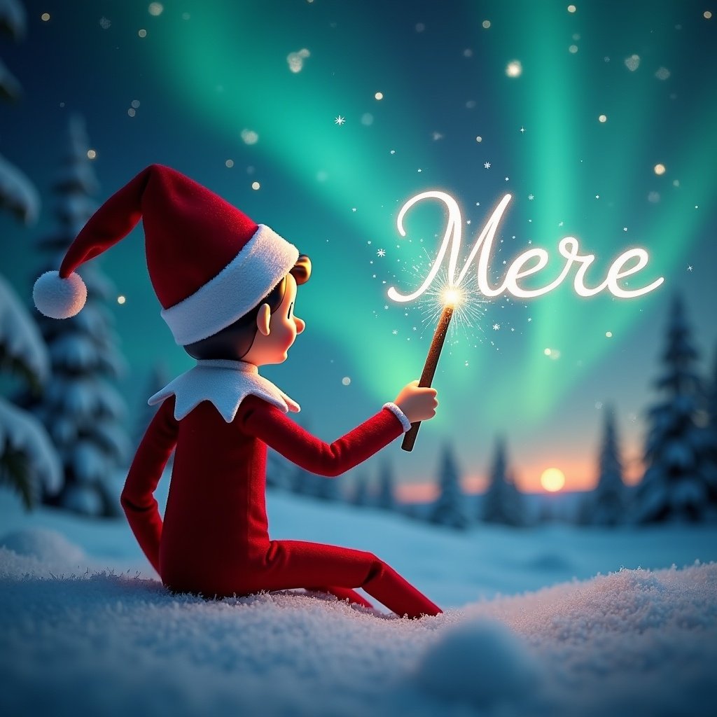 An enchanting scene featuring an elf on the shelf. The elf is sitting with his back to the viewer, gazing at the night sky. He holds a magic wand, elegantly writing 'Santa' in sparkling light above. The background showcases a whimsical winter wonderland, adorned with northern lights. Snow-covered trees surround the elf, adding to the festive atmosphere. The entire image radiates warmth and holiday spirit, perfect for Christmas-themed content.