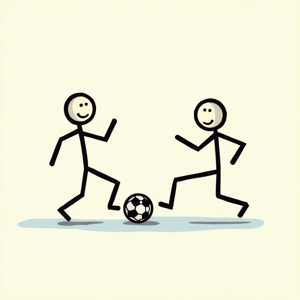 Two stick figures engage in a friendly game of football. They are depicted in a playful manner.