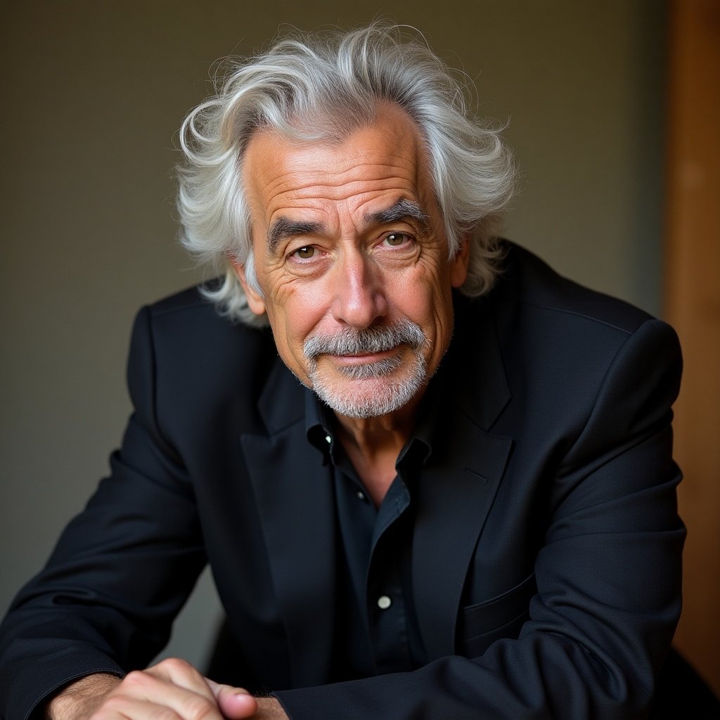 Individual with gray hair sitting at a table. Casual dark outfit. Soft lighting creates a serene atmosphere.