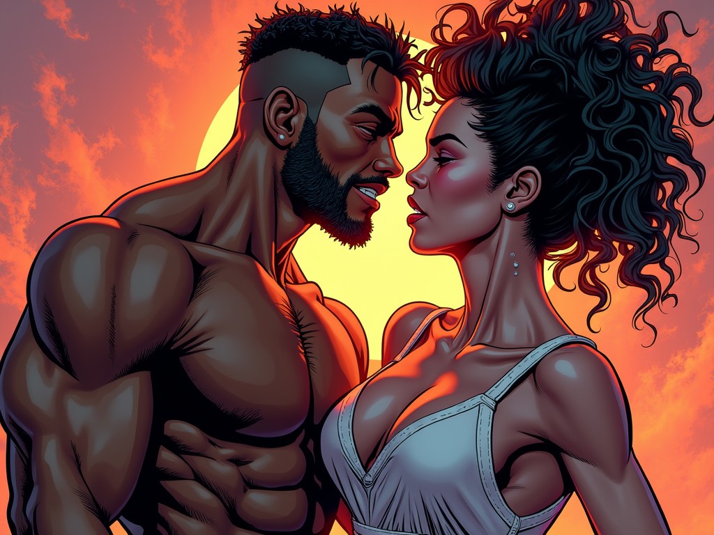 This striking illustration captures an intimate moment between two muscular figures gazing deeply into each other's eyes. The warm glow of a setting sun forms a vibrant backdrop, enhancing the rich, contrasting tones of their skin. The artwork is characterized by bold lines and strong, vivid colors, emphasizing the strength and passion of the scene.