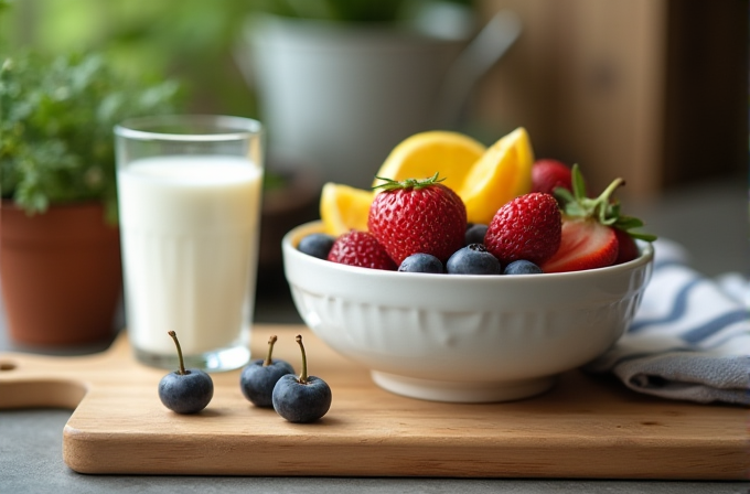 A wooden board holds a bowl filled with fresh strawberries, blueberries, and orange slices, accompanied by a glass of milk, set beside a potted plant and a striped cloth.