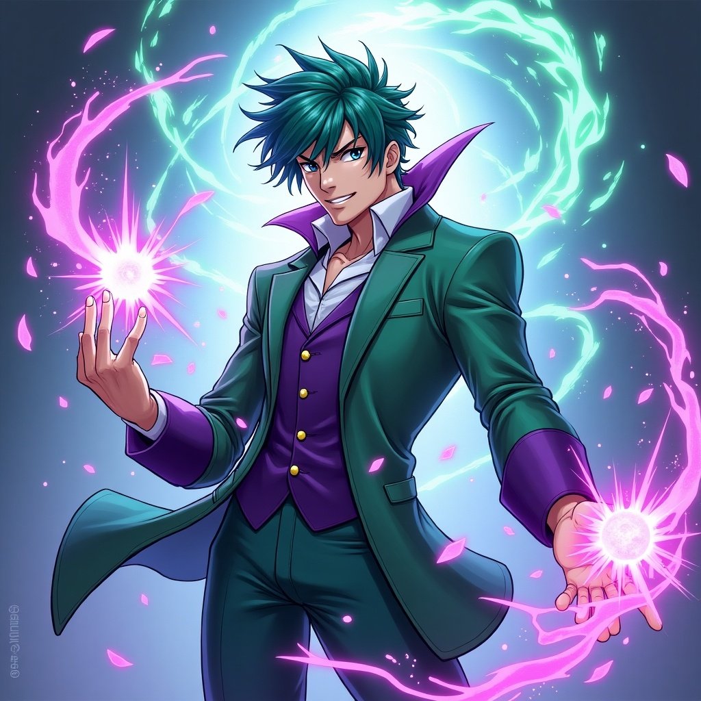 Character male conjurer appears dynamic. He has short hair. He wears green and violet stylish clothes. Magical energy swirls around him. The atmosphere is colorful and energetic.