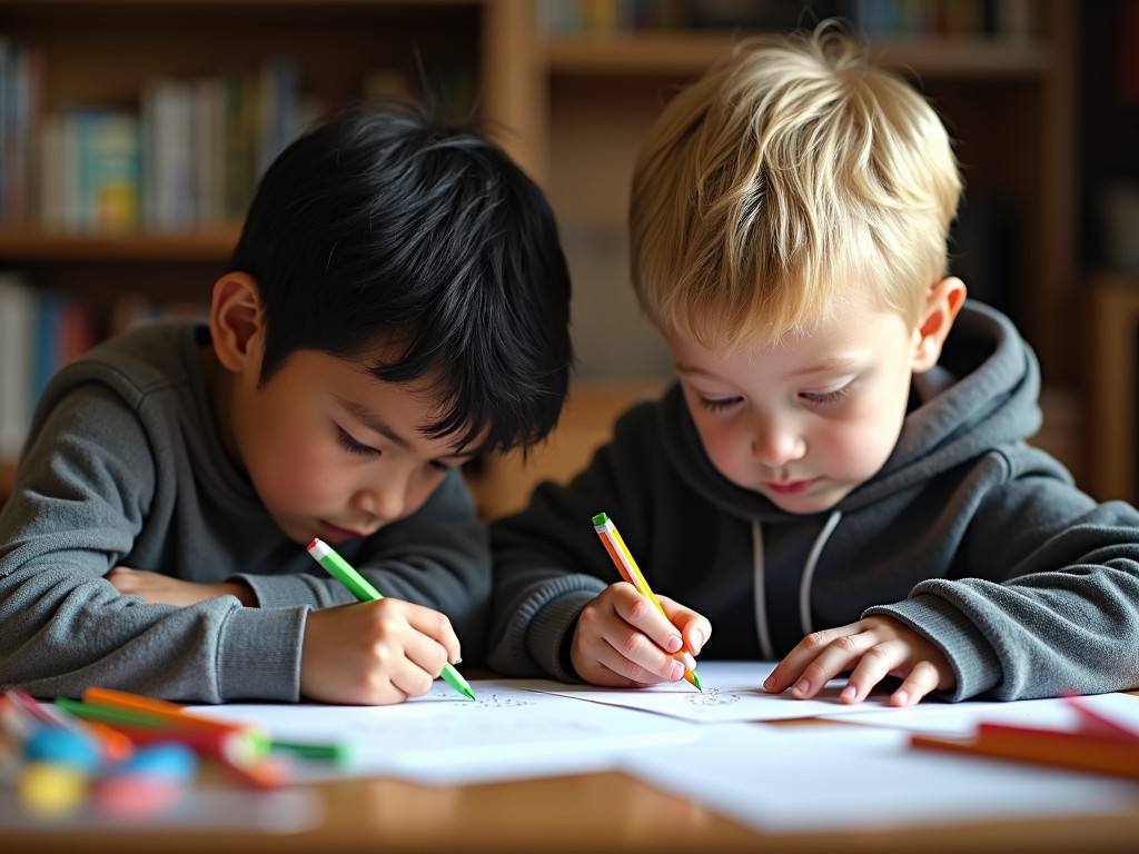 This image features two young children intently focused on their drawing. The scene captures a sense of concentration and collaboration, as the children, each with a crayon in hand, lean over a table scattered with colorful stationery. The background is softly blurred, suggesting a classroom or home environment, enhancing the intimate, educational atmosphere.