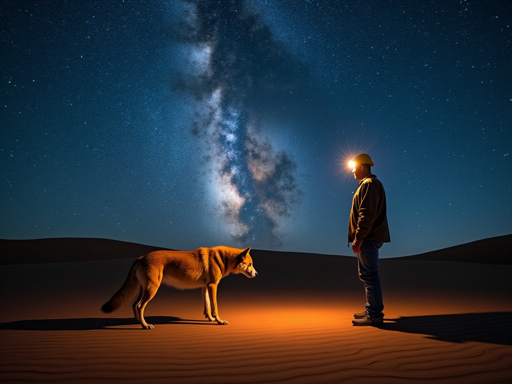 A man and a dog facing each other in a desert at night under a star-filled sky with the Milky Way visible.