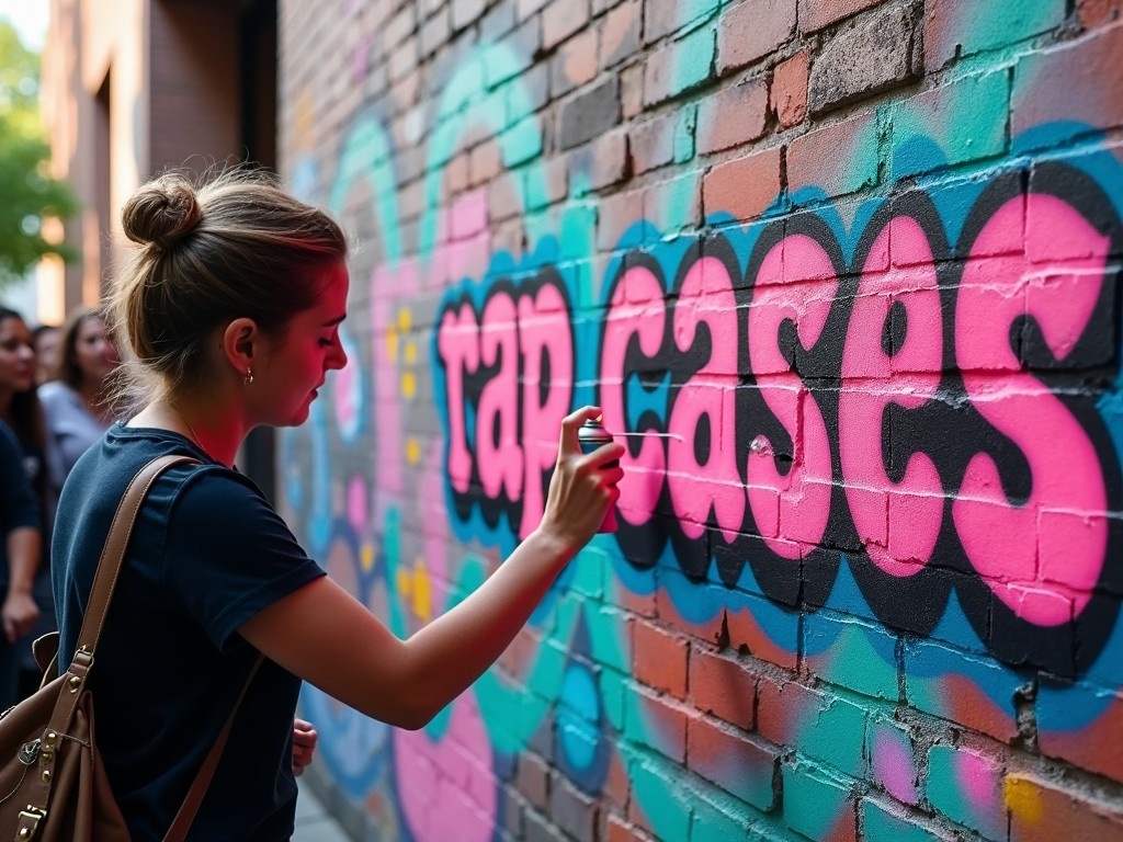 A person is spray painting the phrase 'rap cases' on a vibrant brick wall. The wall is adorned with colorful graffiti that enhances the artistic context. This scene represents a blend of street art and urban culture, embodying themes of social justice. The individual is focused on their work, showcasing the passion behind artistic expression. In the background, a small group of people observes, adding to the communal atmosphere of the event.