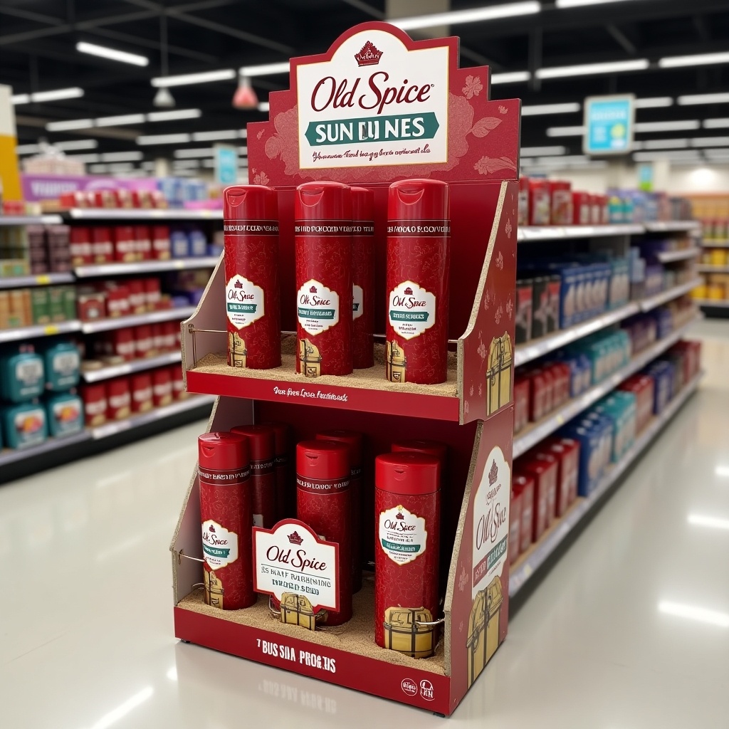 This image showcases an in-store end-of-aisle display featuring new Old Spice hair lightening and darkening sea salt sprays. The display utilizes a theme of red, with darker shades for the darkening spray and lighter hues for the lightening spray. Elements such as waves, sand, and a treasure chest create a fun and adventurous atmosphere. A prominent QR code is included, directing customers to a dedicated page on Tesco's website that provides information about the products. Additionally, customers can participate in a 'spin the wheel' game for a chance to win free products or discounts.